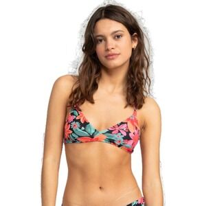 NWT Roxy Womens Bikini Top UPF 50 Quick-Dry Floral Black Palms Swimsuit Medium
